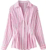 Moda feminina europeia e americana transfronteiriça AliExpress item mais vendido camisa listrada da moda com cinto emendado
