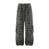 Calça Camuflada Estilosa de Alta Qualidade Magic Bear, Estilo Americano High-Street, com Detalhes de Miçangas, Perna Reta, Solta, Perna Larga, Calça Casual