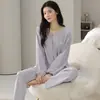 Cardigan de pijama de duas peças para casa feminina, manga longa e calça longa, gola V, cor sólida, algodão jacquard elástico dupla face