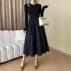 Vestido de Punto Negro de Manga Larga Calado, Nuevo Estilo Otoño e Invierno, Sensación Elegante y de Alta Gama, Vestido Base Largo para el Trabajo