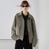 Jaqueta bomber retrô estilo britânico em camurça com lapela para mulheres, curta, modelagem solta, com ombros caídos, barra elástica e cintura ajustada