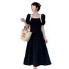 Vestido de verano de talla grande estilo francés con diseño de nicho para mujer, vestido negro con cuello cuadrado y adelgazamiento para chica gordita