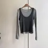 Conjunto de Duas Peças Beishan Tongshu Tricô Casual com Gola U para Mulheres Camiseta de Manga Longa Top para Camadas Início do Outono P166