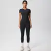 Conjunto deportivo de dos piezas para mujer, pantalones deportivos de tiro alto, ajustados, manga corta, estilo 'scrub' europeo y americano, para yoga