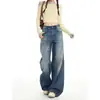 Jeans retro americanos azules de pierna ancha para mujer, nuevo estilo otoño e invierno 2026, de tiro bajo, holgados, adelgazantes, de pierna recta, pantalones de longitud completa