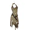 Vestido Retrô Europeu e Americano Estilo Y2K Spice Girl Estampa de Leopardo Feminino Alça no Pescoço Costas Abertas Design Irregular Vestido Slip