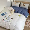 Estilo fresco y sencillo, juego de ropa de cama de cuatro piezas bordado de toalla de algodón lavado, funda de edredón de algodón puro, juego de sábanas de tres piezas para dormitorio de estudiante