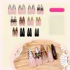 Novas Unhas Postiças Estilo Transfronteiriço 24 Peças Francesas Doce-Cool Estampa de Leopardo Flor Pedraria Color-Blocking Pequenas Médias, Populares na Europa e América para Outono e Inverno