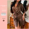 Robe Longo de Renda com Cadarço Novo Estilo Transfronteiriço para Casa Manga Longa Feminino Fino Sexy Robe de Manhã com Cadarço Cardigan Pijama Roupão de Seda Gelada
