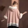 Capa Larga con Capucha para Mujer con Cuello Grande de Piel, Forrada de Polar, Engrosada, con Borlas, Piel de Cordero Sintética, Rosa