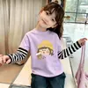 Top Básico Dulce y Lindo Cuello Redondo Nuevo Estilo Primavera y Otoño Falso Dos Piezas Patchwork Rayado Algodón Puro Manga Larga para Niñas