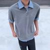 Camiseta de Hombre con Cuello Polo de Cuadros Americanos, Manga Corta, Nuevo Verano, Casual, Diseño Holgado, Camiseta de Manga Media Falsa de Dos Piezas