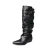 Botas pretas de 5cm, estilosas e simples, modelo novo outono e inverno 2026, bico fino, salto grosso, botas longas plissadas acima do joelho