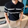 Ventas Directas Transmitidas en Vivo: Camisa Polo de Punto a Rayas Color Block Estilo Old Money para Hombre, Manga Corta, Camiseta Ligera Transpirable con Puños