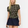 Camisa de Manga Corta con Cuello Alto Estilo Y2K para Mujer, Estilo Retro Americano de Amazon, Cuadros Bloque de Color, Lazo en la Cintura, Cuello Redondo, Adelgazante, Versátil