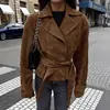 Casaco wrap-around de camurça com cadarço FCB para mulheres, estilo vintage para o outono e inverno, blazer marrom com gola de terno