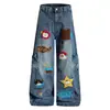 Toalla Bordada de Dibujos Animados Americanos Jeans de Mezclilla para Hombre Primavera Tendencia Diseño de Marca Pantalones de Pierna Ancha Sueltos Versátiles Pantalones Largos hasta el Suelo