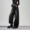 Calça Jeans Wide Leg com Strass Preto e Cinza Degradê, Cintura Alta e Cordão, Efeito Lavagem Vintage, Versátil, Emagrecimento, Comprimento Longo