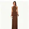 Vestido Largo de Verano Transfronterizo Estilo Nuevo con Cuello Halter, Bordado, Espalda Descubierta, con Abertura, Corte Ajustado para Mujer, Estilo Vacaciones en la Playa