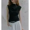 Camiseta de punto blanca sin mangas con cuello semi-alto estilo francés para mujer, top corto de verano fino, adelgazante y transpirable