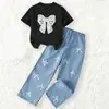 2026 Nuevo Conjunto de Pantalones Vaqueros Rectos de Cintura Alta con Bordado de Encaje y Lazo para Niñas