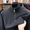Suéter de malha com meio zíper para homens, camisa base com gola semi-alta, suéter de inverno, camada interna masculina, cor sólida, moletom quente e espesso