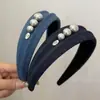Elegante Diadema Ancha de Mezclilla Perla Gris para Mujer Retro Francesa de Gama Alta Azul Pinza para el Cabello