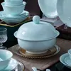 Juego de Vajilla de Cerámica Jingdezhen Vajilla Doméstica Juego Completo Tazón Celadón Regalo Vajilla de Color Bajo Esmalte Celadón Platos y Platos