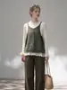 Camisola de punto de encaje estilo coreano para mujer, principios de otoño, cuello redondo, botones de madera, top corto sin mangas en capas