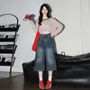Jeans retro de pierna ancha cropped color azul con forma de pera para mujer, pantalones versátiles de tiro alto, pierna recta, adelgazantes, de longitud media, a la moda, nuevos