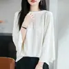 Nova Camisa Básica Casual de Tricô com Manga Morcego Três Quartos, Gola Redonda, Cor Sólida e Contas Onduladas para Mulheres - Coleção Primavera/Verão 2026