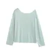 2657-26 Camiseta de punto lisa de un hombro con hombros descubiertos y manga larga, top de lino holgado estilo coreano de verano