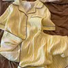 Conjunto de Pijama de Algodão Nuvem com Listras Dopamina Estilo Coreano para Mulheres, Conjunto de Roupa para Casa de Manga Longa e Calça Longa Plus Size para Primavera/Verão, Pode Ser Usado ao Ar Livre