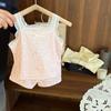 Conjunto de Ropa para el Hogar de Verano para Niñas Bebé Elegante Infantil Marca de Moda Coreana Dibujos Animados Floral Encaje Tirantes Shorts