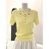 Camisa tipo polo de punto ajustada, hecha a mano con ganchillo floral resistente, estilo vintage francés, top fresco de manga corta para mujer