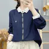 Camisa de Gasa de Algodón de Doble Capa con Mangas Largas para Mujer Primavera 2026 Retro Artística Cuello Bordado Suave Transpirable Amigable con la Piel Top de Algodón Puro