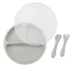 Prato de silicone infantil com compartimentos, tampa contra poeira com ventosa, conjunto garfo e colher, grau alimentício, utensílios para suplementos alimentares, transfronteiriço em estoque