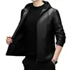 Jaqueta de Couro Masculina Outono/Inverno 2026, Casual de Negócios para Meia-Idade com Capuz, Zíper, Forro de Fleece, Casaco de Couro Espesso para Homens