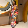 Macacão longo feminino moderno estilo europeu e americano com estampa floral para primavera, verão e outono, sem mangas, gola halter, caimento solto, color block