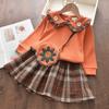 Terno Feminino Faculdade Outono Novo Infantil Versátil Blusa de Moletom Xadrez Plissada Saia Princesa Conjunto Duas Peças