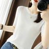 Verão Novo Ice Silk Quzhu Pit Strip Gola Redonda Manga Curta Suéter Feminino de Malha Uso Interno Uso Externo Base Fina Top Camiseta