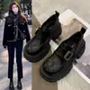 Zapatos de cuero para mujer de suela gruesa, tacón grueso, estilo británico, colección nueva 2026, versátiles y que realzan la altura, mocasines negros para mujer