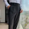 Calças Western Masculinas de Primavera e Outono Coreanas Slim Fit Calças de Perna Pequena Retrô Cintura Alta Negócios Cor Sólida Perna Reta Tendência Casual Marca Calças Longas