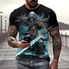 Camiseta Masculina Manga Curta Estampa 3D Caveira de Terror Retrô Street Gola Redonda Manga Curta Personalidade Moda Verão Camiseta Masculina