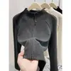 Camisa base térmica de fleece com gola alta para outono e inverno para mulheres, jaqueta cardigã nova de outono 2025 com zíper duplo, moletom slim fit para usar em camadas