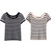 Camiseta de manga corta para mujer estilo europeo y americano transfronterizo, top corto ajustado de verano para mujer, tejido de punto a rayas con cuello redondo