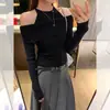 Lindo top de malha estilo coreano cáqui, falso duas peças, manga longa, para mulheres, look estiloso para o início do outono com top interno ombro a ombro