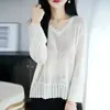 Tejido de Punto Holgado Estilo Coreano de Lino Tencel con Escote en V Ondulado Calado de Manga Tres Cuartos Protector Solar para Aire Acondicionado