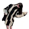 Suéter de gola alta listrado em preto e branco, estilo casual, para mulheres, adequado para outono e inverno, peça externa macia e aconchegante, top de tricô grosso