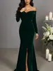 Vestido longo de veludo europeu e americano para noite, um ombro, estilo sereia, com mangas compridas, fenda alta, justo ao corpo